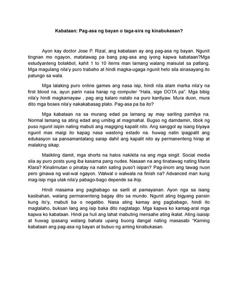 View Ang Kabataan. . Reflection about ang kabataan ang pagasa ng bayan
